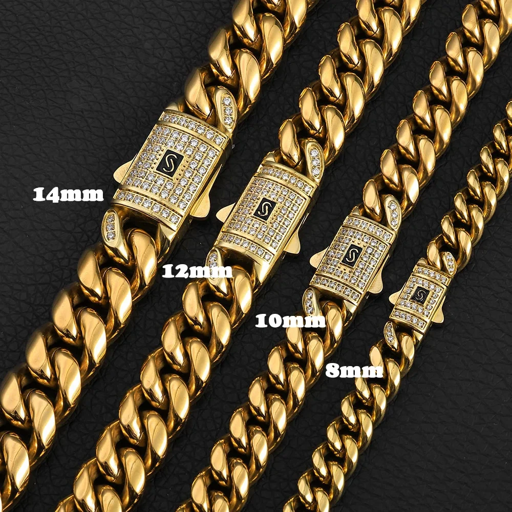 ESKEEM Bling Iced Out Stainless Steel Spring Buckle Miami Cuban Link Chain Bracelet for Men PVD 14k Gold Plating Hip Hop Jewelry