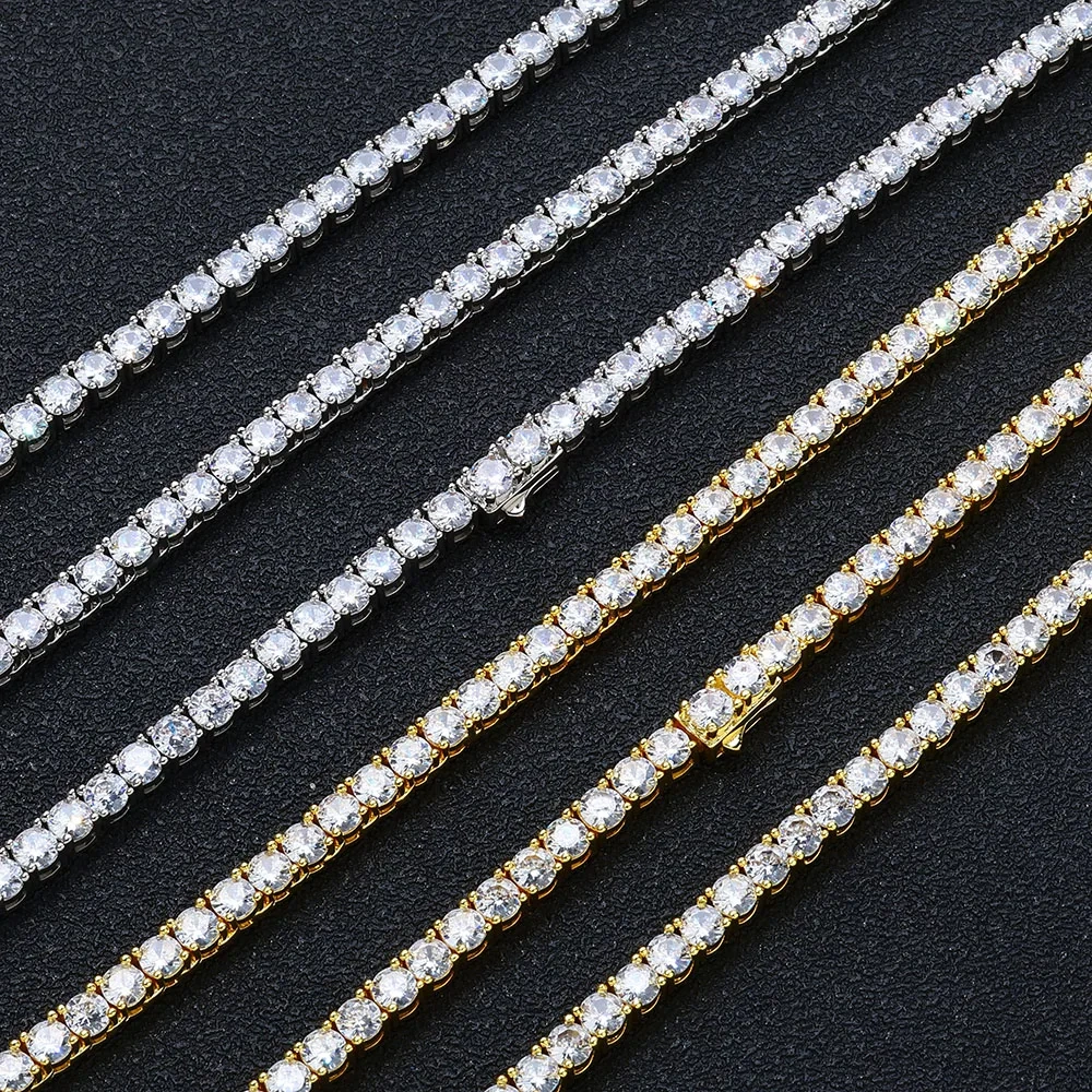 Hip-Hop Brass Gold Plated Cubic Zircon Single Row Tennis Necklace Jewelry Bling Diamond Tennis Chain Women Men Gift