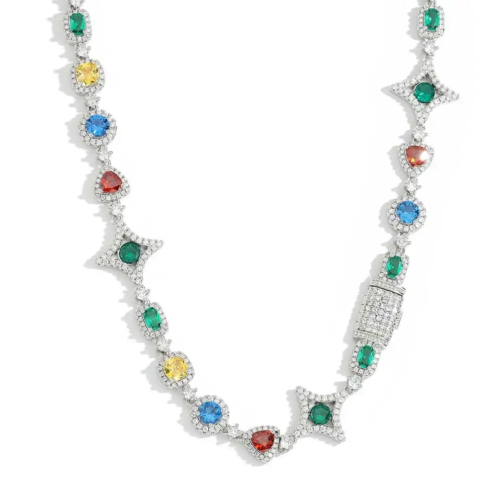 High Quality Hip Hop Jewelry Fashionable Star Iced Out Necklace Multicolor Zircon 10mm Brass Chain Necklace for Women Gift ﻿