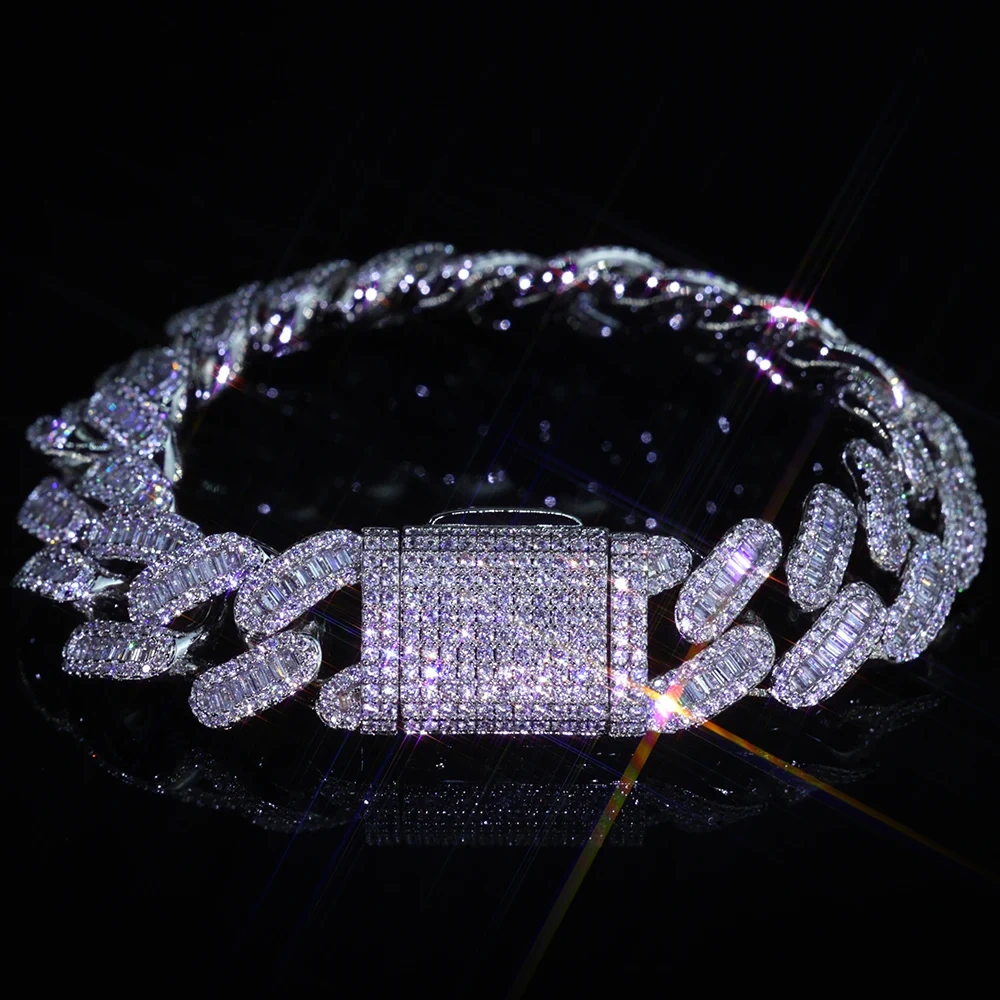 Hip Hop 12/15mm Bling Iced Out Diamond Cuban Chain Brass 5A Cz Baguette Cuban Link Necklace Men Women Jewelry Birthday Gift