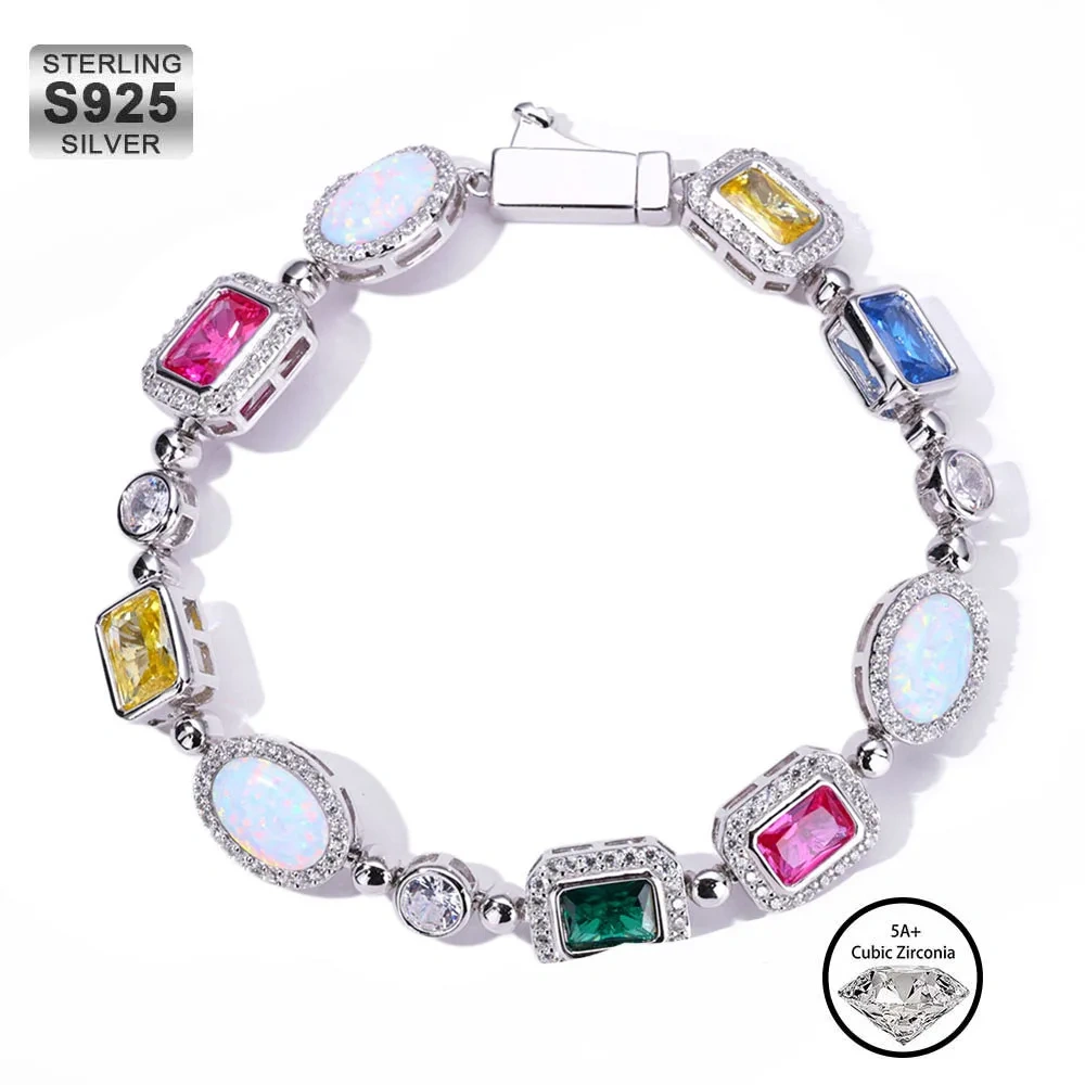 S925 Sterling Silver Rainbow Choker Multi Color Gemstone Beaded Necklace Iced Cubic Zirconia Opal Chain Waterproof Jewelry