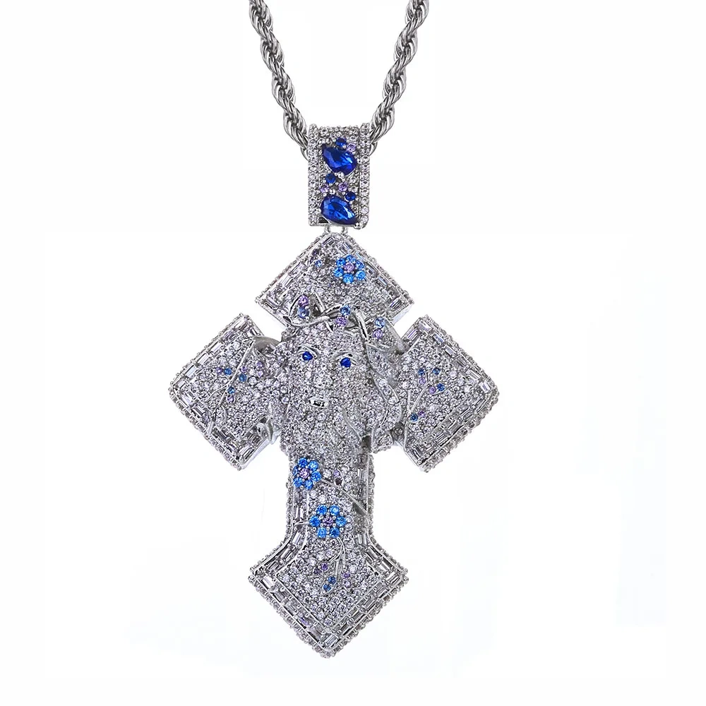 ESKEEM Micro Paved Barbed Wire Iced Jesus Cross Pendant Hip Hop Men Colorful Jesus Head with Vine Cross Charm Necklace