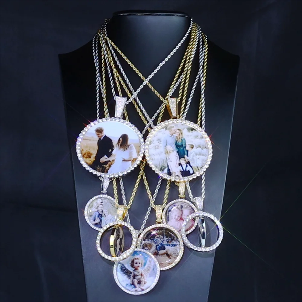 Custom Photo Necklace For Men Personalized Medallion Memory Picture Pendant Solid Back Zircon Hip Hop Jewelry Free Engrave