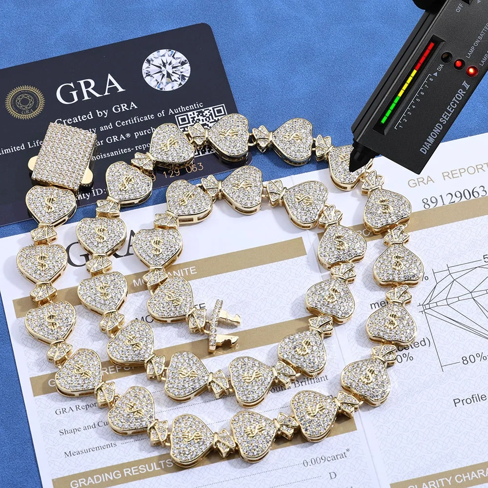 100% Pass Diamond Test Moissanite Money Bag Cuban Chain 925 Sterling Silver VVS Diamond Iced Out Women $ Sign Necklace Gift