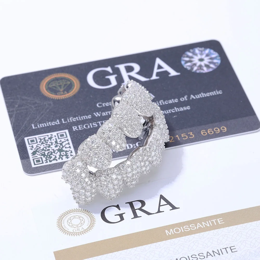Hip Hop Custom Per Cut Grillz Personalized Big VVS Moissanite Diamond Mens 925 Silver Sterling Deep Cut Grillz Teeth Decoration