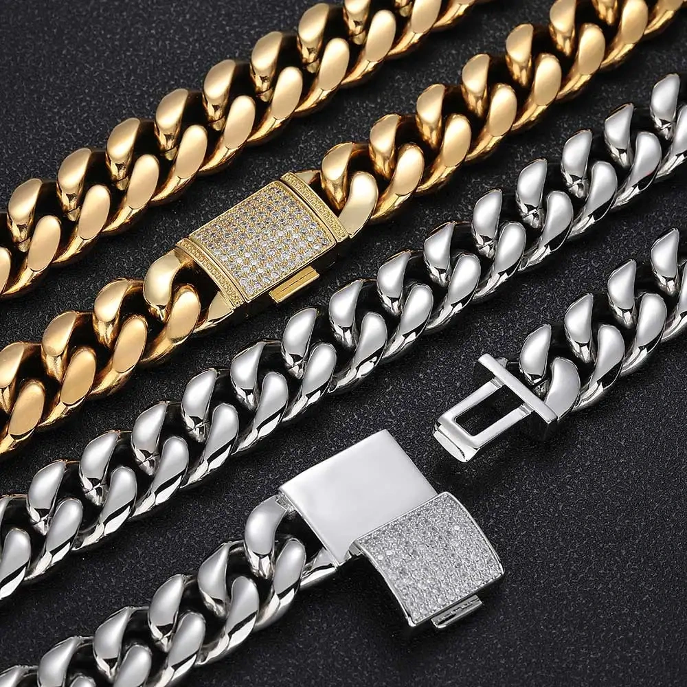 18Mm 5A CZ Iced Out Lock Miami Stainless Steel Thick Heavy PVD Plated Cuban Link Chain Punk For Men Hip Hop Jewelry