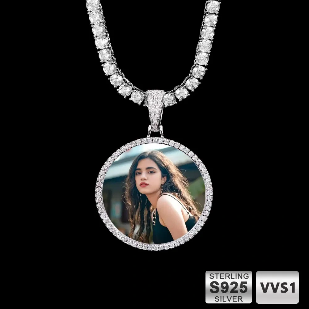S925 VVS Photo Pendant Custom Moissanite Circle Chain Iced Picture Charm with Moissanite Tennis Necklaces Women Men Jewelry Gift