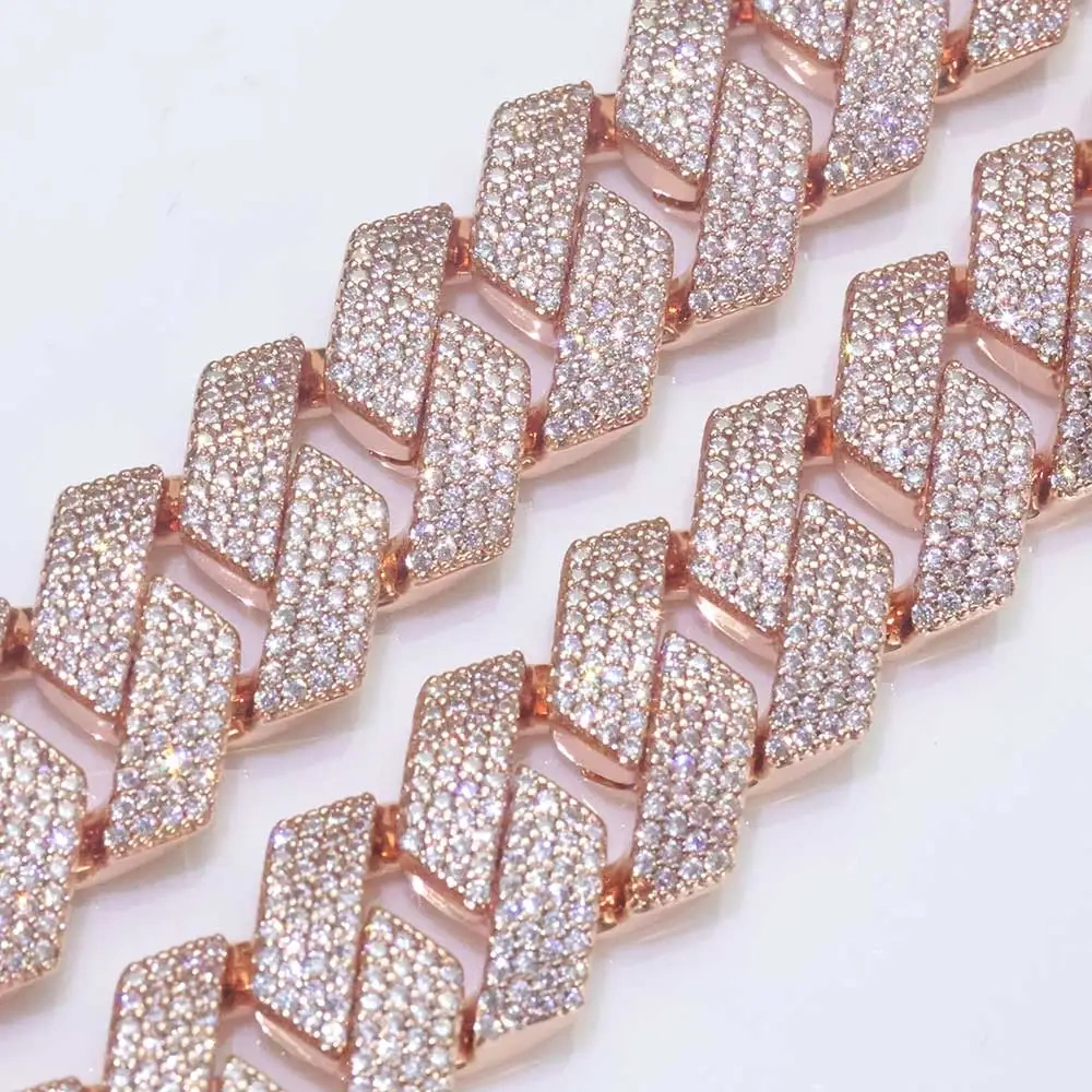 15mm 4 Rows Rose Gold Bracelet Prong for Women Iced Out White Diamond Prong Miami Cuban Link Chain Bracelet Hip Hop Jewelry