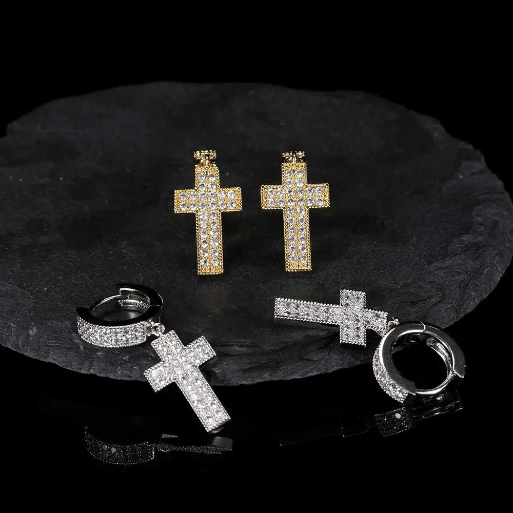 Drop Shipping Hip Hop Thick Hoop Earrings Bling Ice Out Cross CZ Zircon Plated Stud Lightning Earrings For Women Jewelry