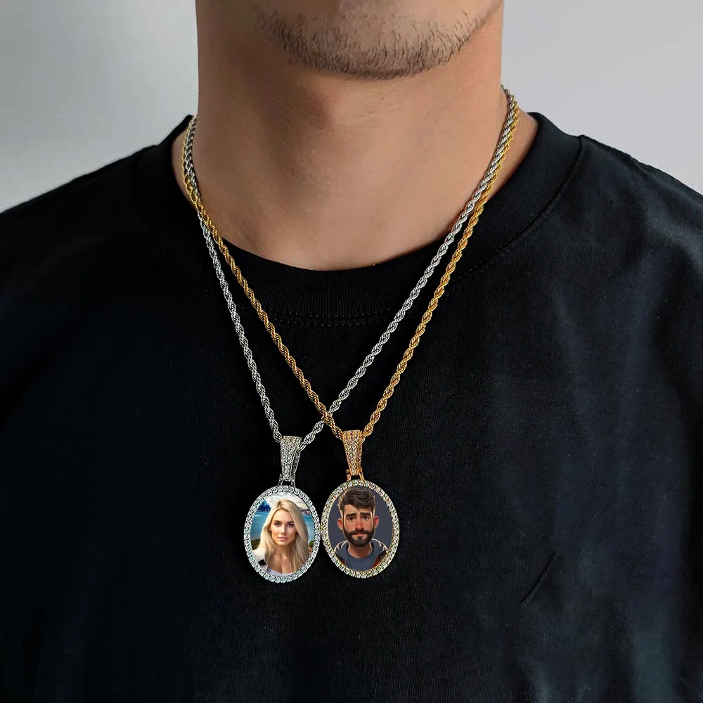 Hip Hop Iced Out DIY Photo Frame CZ Pendant Custom Ellipse Picture Pendant Necklace Personalized Women Men Rapper Jewelry