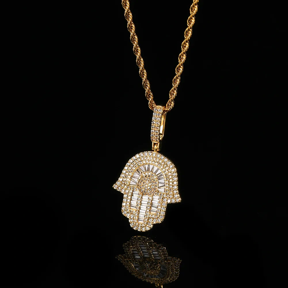 Hip Hop Jewelry Bling Iced Out 5A CZ Pave Hamsa Hand Fatima Pendant Necklace for Women Men With Tennis Chain Drop Shipping