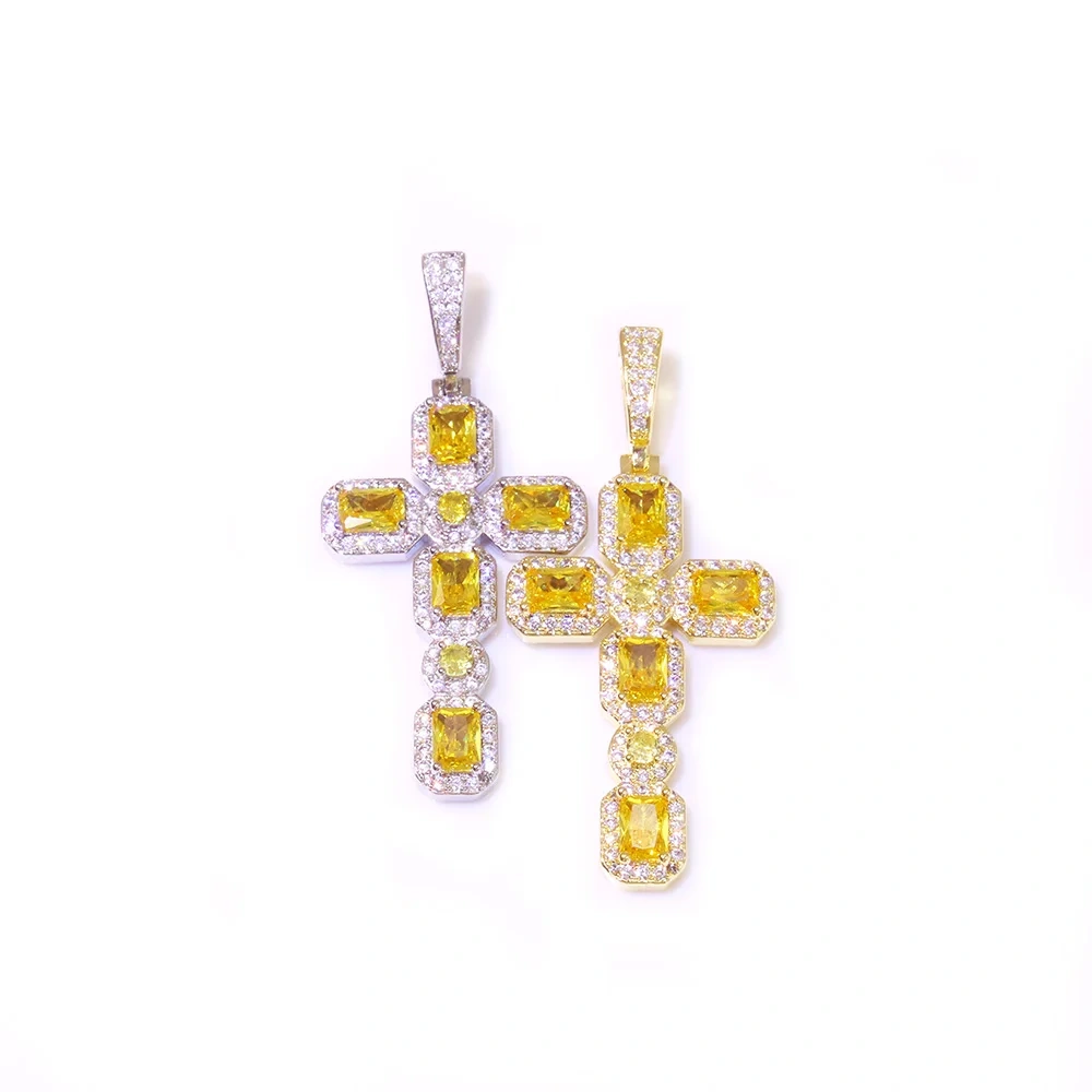 ESKEEM New Arrival Hip Hop Bling Yellow CZ Diamond Cross Pendant Yellow Baguette Gemstone Cross Necklace for Women Men