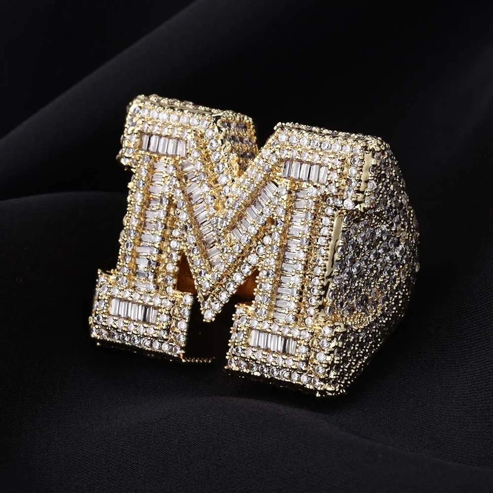 Best Quality Brilliant Rectangle Iced Out M Ring For Men Hip Hop M Initial Letter Round Cut Diamond Ring For Unisex jewelry
