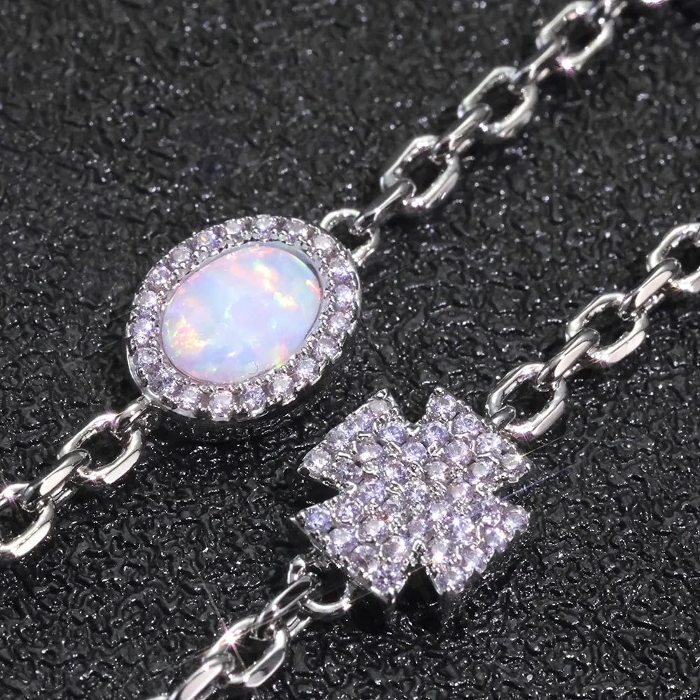Bling Iced Out Simple Cross Elliptical Opal Necklace Shiny Popular Link Chain Charm Bracelet Hip Hop Jewelry