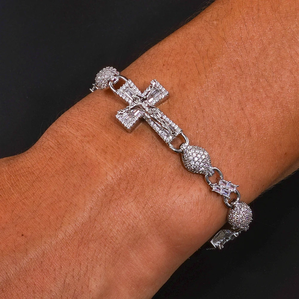 New Trendy 8mm Bead Cross Jesus Chain Bracelet Fully Iced Out Shinning Diamond 18k Gold Plated Miami Cross Bracelet Men