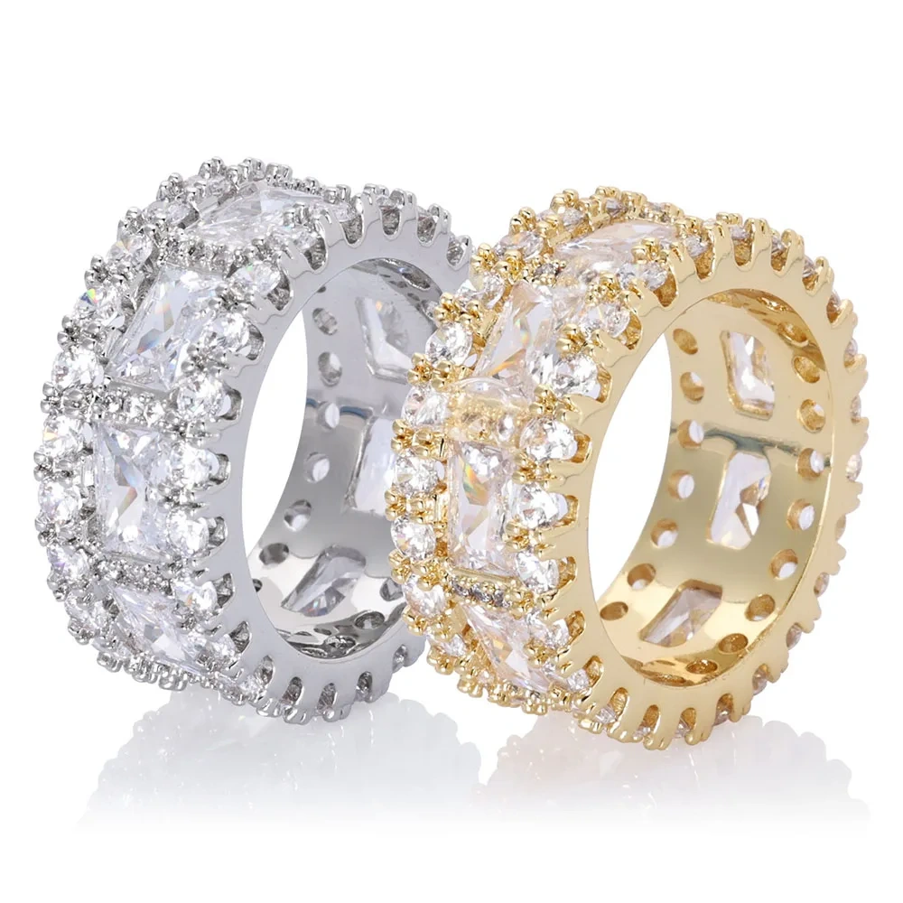 10mm Cubic Zirconia Cuban Rings Brass Prong Setting T-shaped DiamondCZ Iced out Ring Jewelry For Women Men Gift