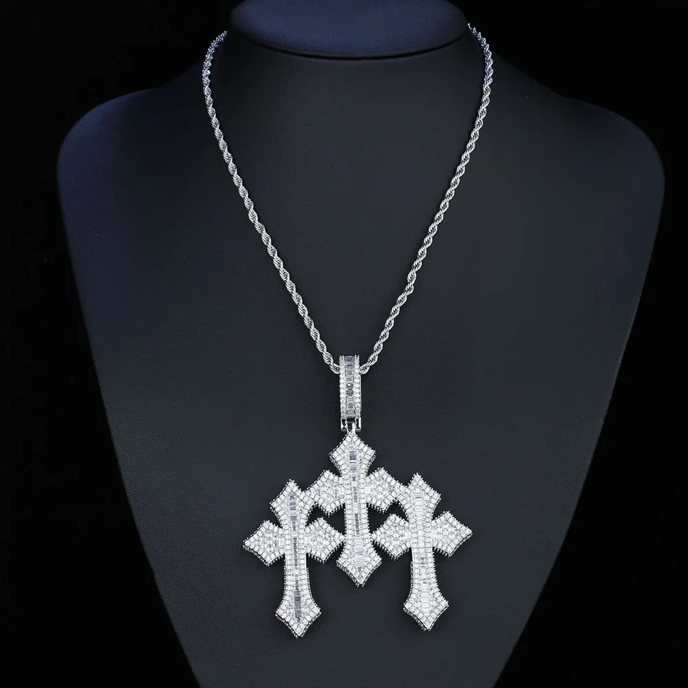Hip Hop 3inch Iced Cross Pendant High Quality 5A Cubic Zirconia Cool Men Jewelry CZ Triple Cross Pendant Necklace Drop Shipping