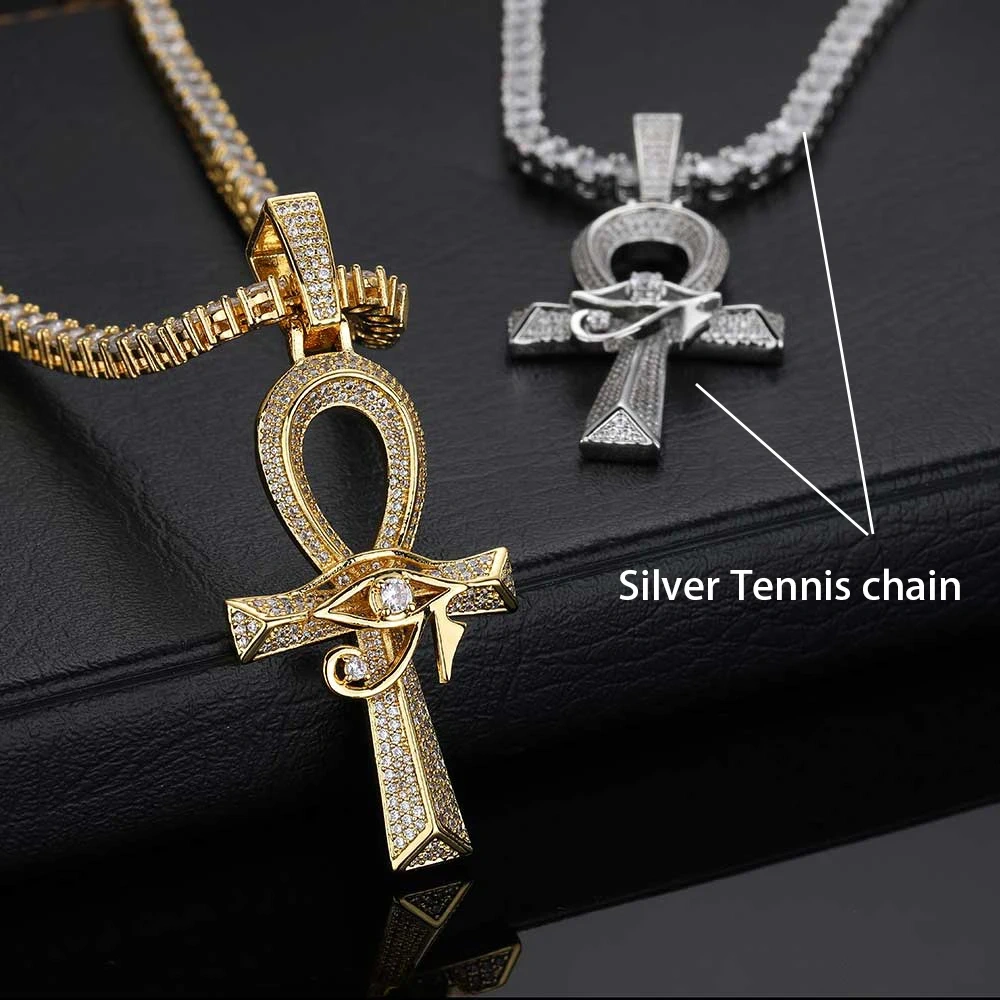 Ancient Egyptian Amulet Anka Cross Bling CZ Stone 18k Gold Color Plated Eye Of Horus Pendant Necklace For Men
