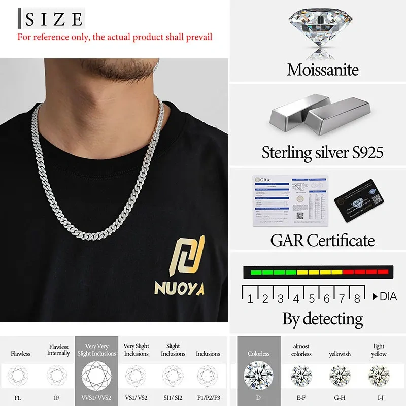 Custom Hip Hop Full Moissanite Cuban Chain Necklace For Women 8mm All VVS Diamond 925 Sterling Silver Bling Iced Out Jewelry