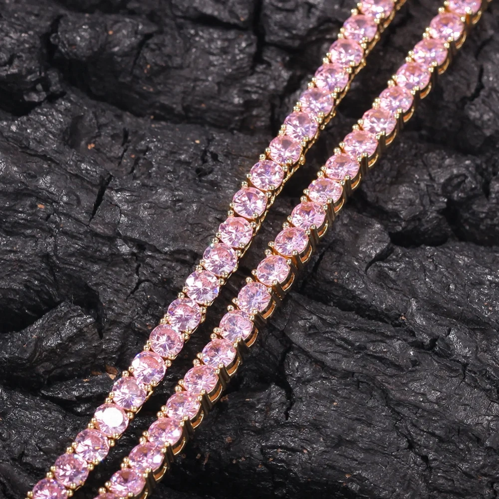 Hip Hop Bling Iced Out Tennis Chain Mens Women 4mm 1 Rows Custom Green Pink Jewelry Cubic  Zirconia Tennis Chain Necklace