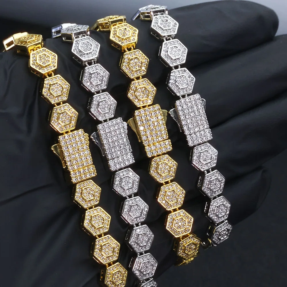 ESKEEM Hip Hop Jewelry Bling Geometric Hexago Iced Chain 8.5mm Diamond Tennis Link Chain Necklace for Unisex