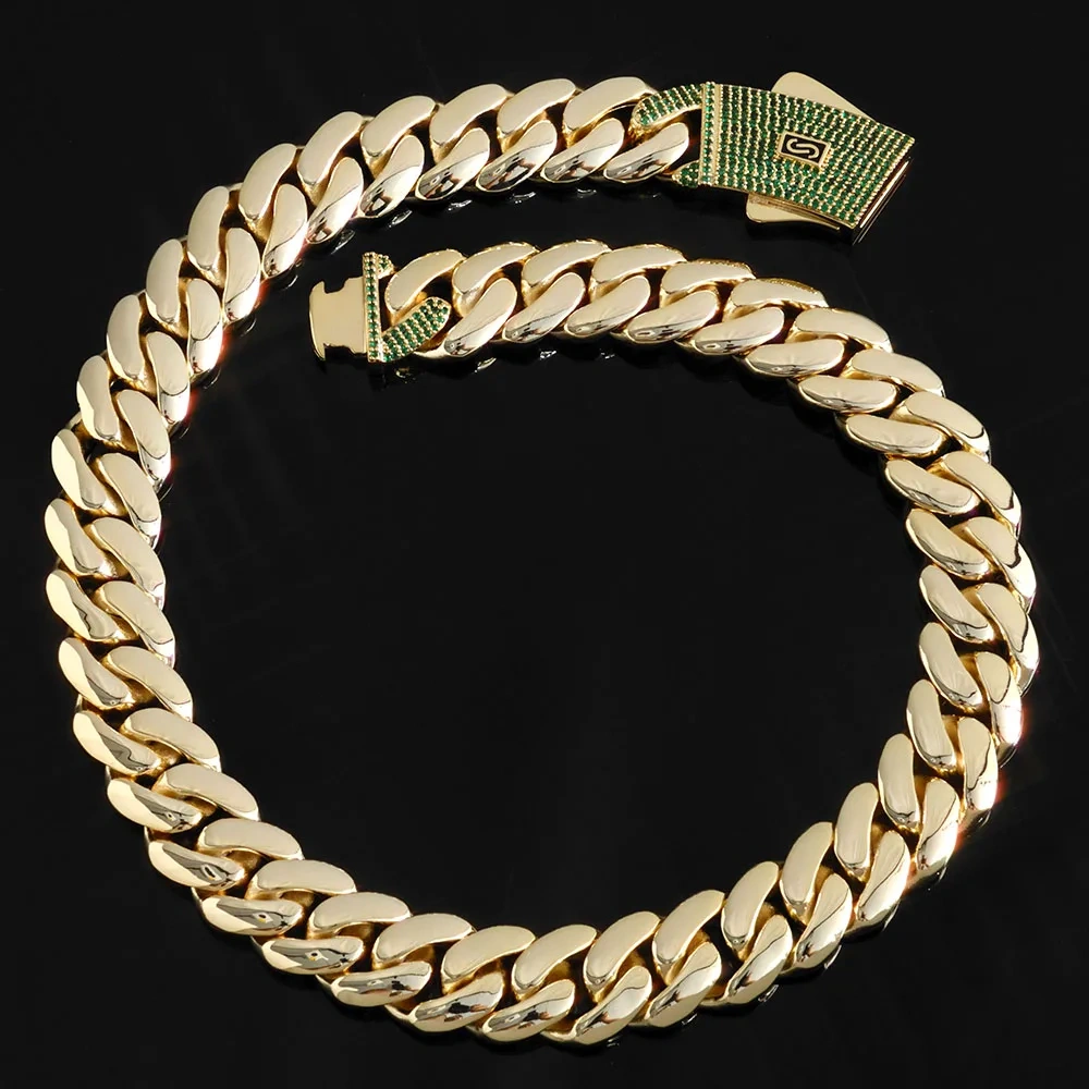 ESKEEM Iced Out Diamond Green CZ Clasp Cuban Link Chain 14K Gold Plated Thick Monaco Necklace for Men and Women Hip Hop Jewelry