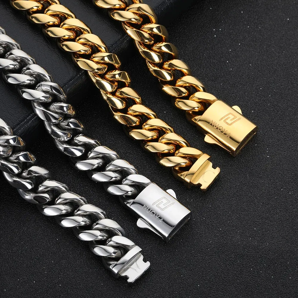Hip Hop PVD Plated Stainless Steel Cuban Necklace with Snap Clasp Men Miami Cuban Link Chain Jewelry For Girls Free Laser Logo