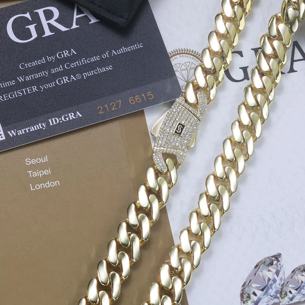 ESKEEM New 925 Silver Monaco Chain Iced Out VVS Moissanite Clasp Real 14K Gold Plated 12mm 15mm Cuban Link Necklace Jewelry