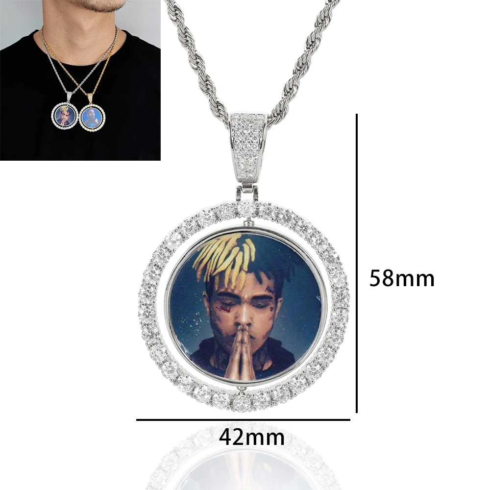 Custom Photo Necklace For Men Rotating Double-Sided Medallions Spinning Pendant Bling Iced Out Hip Hop Jewelry
