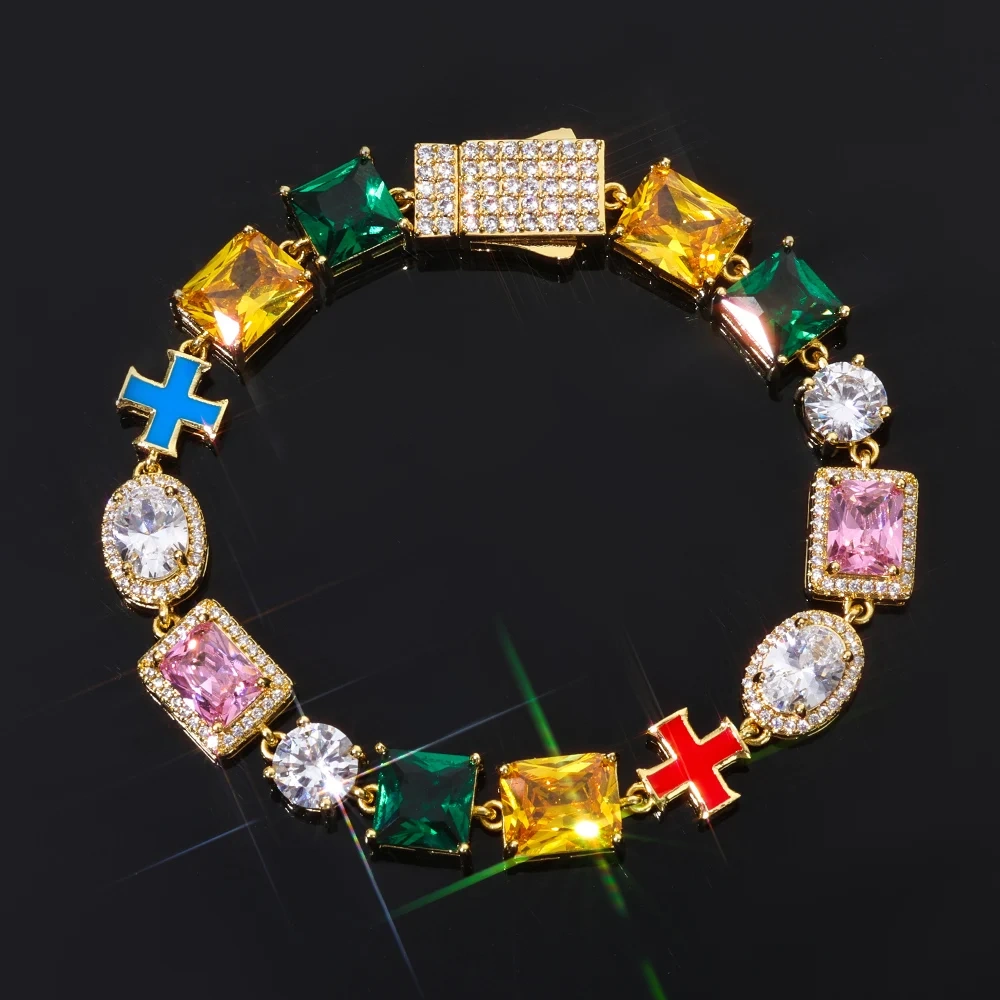ESKEEM Hip Hop Jewelry Iced Out Multi Gemstone Bracelet Mixed Shape Rainbow Gems Cross Link Chain Fashion for Women Men
