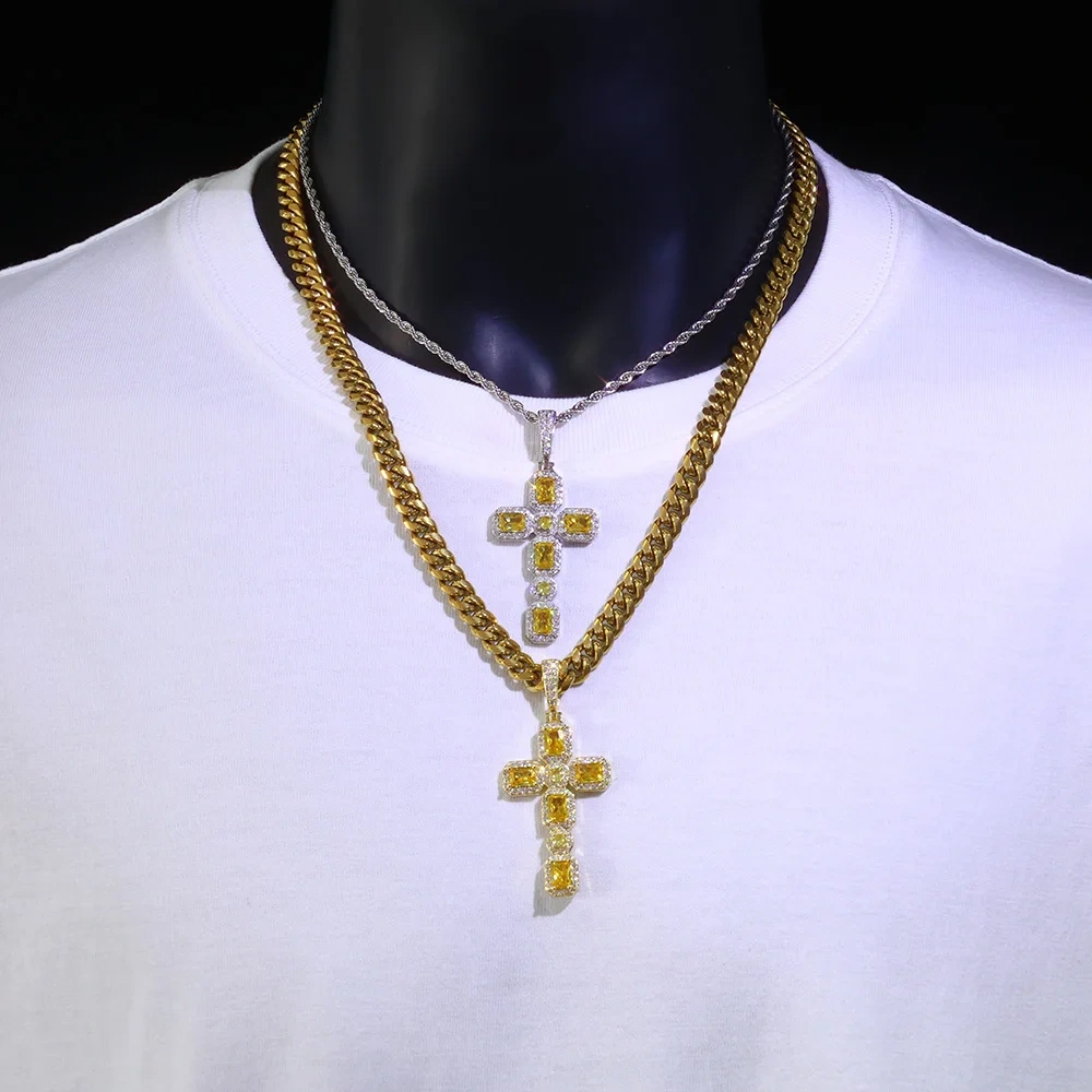 ESKEEM New Arrival Hip Hop Bling Yellow CZ Diamond Cross Pendant Yellow Baguette Gemstone Cross Necklace for Women Men