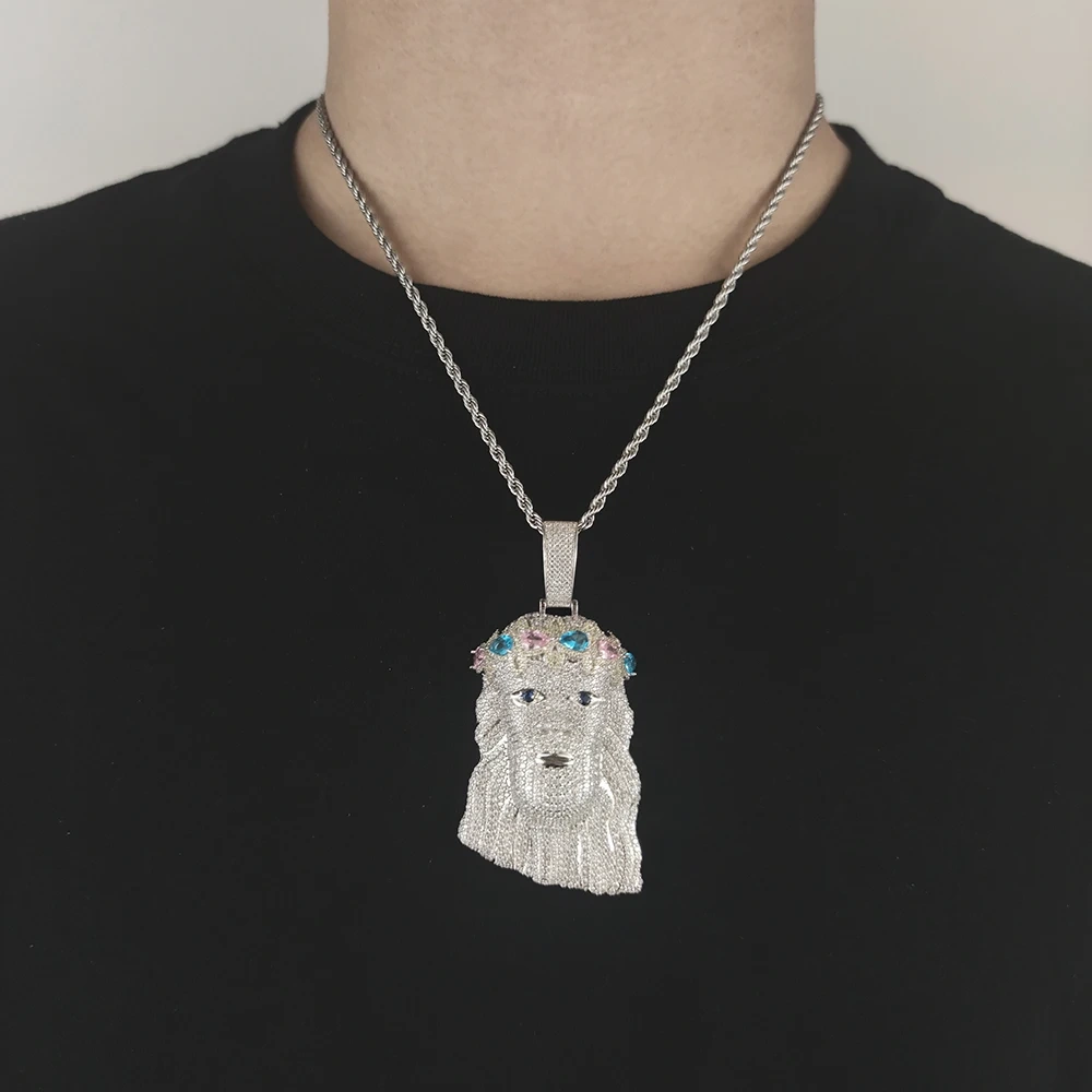 Mens Diamond Jesus Head Inlaid Colorful Zircon Silver Gold Face Christ Big Pendant For Gift Drop Shipping