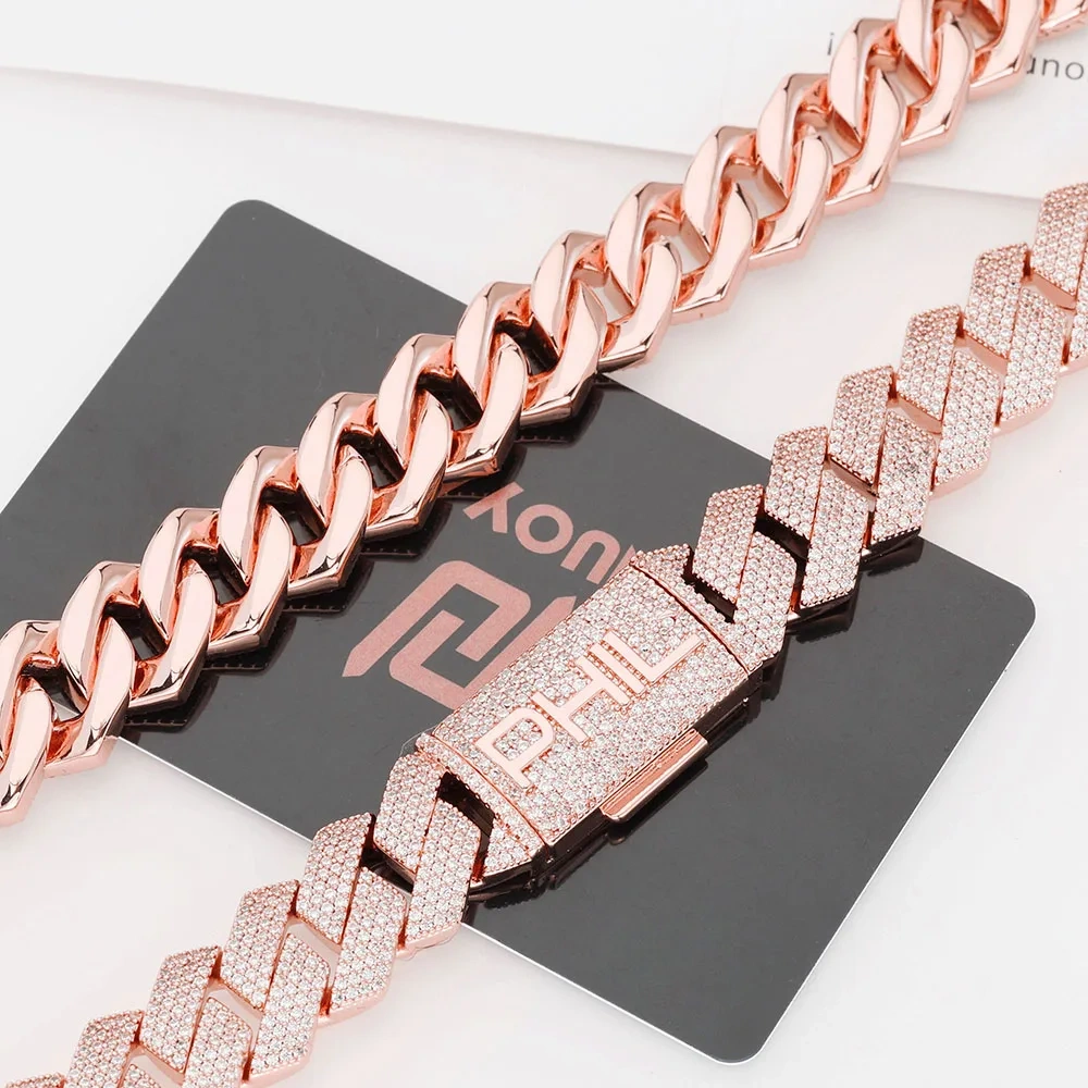 15mm CZ Iced  Custom Four Letter Box Clasp Cuban Link Chain Luxury Man Hip Hop Bling Full Diamond Rose Gold Plated Necklace