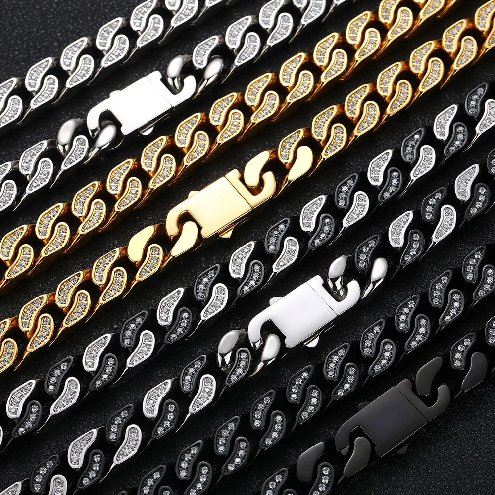 Hip Hop Rock Jewelry Miami Cuban Link Bracelet Stainless Steel CNC Inlaid Bling Ice Out PVD Plated Bracelet For Men