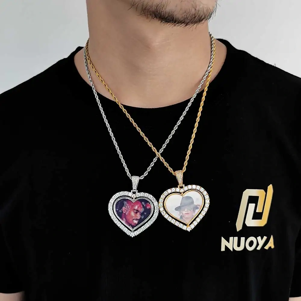 Custom Double Side Rotating Heart Necklace Personalized Family Memory Jewelry Heart Pendant Bling Diamond Necklaces For Couple