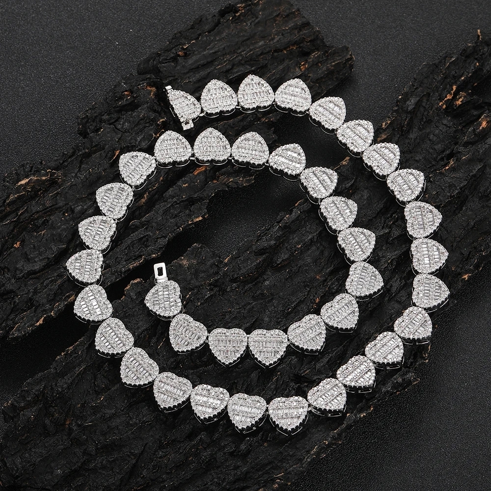 ESKEEM Hip Hop Jewelry Heart Link Chain Trendy Brass Cubic Zirconia For Women Bling Iced Out Two Tone Necklace