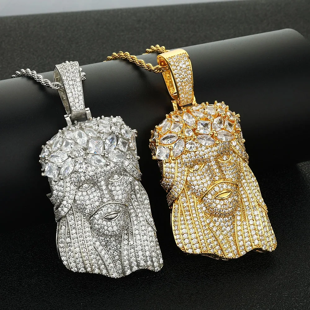 New Christian Jewelries Bling Iced Out 5A CZ Jesus Face Pendant 18k Gold Plated Jesus Head Charm Unisex Hip Hop Necklace