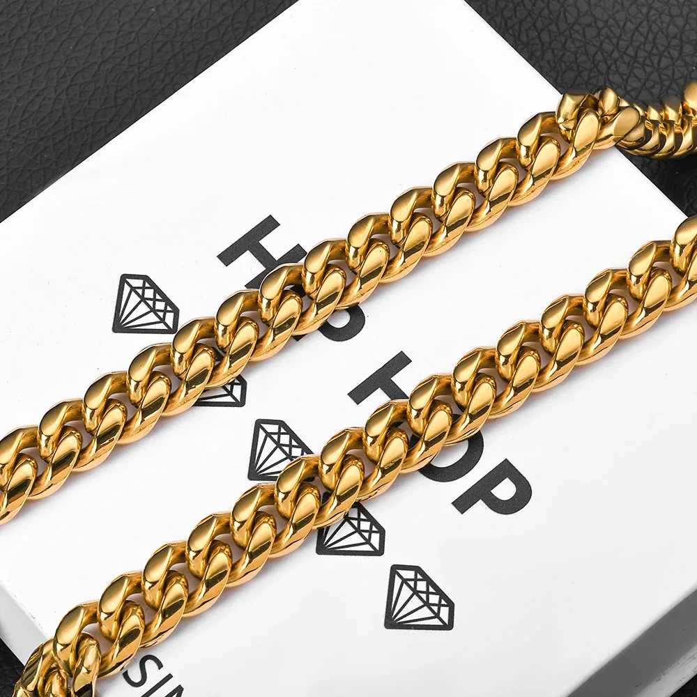 ESKEEM Bling Iced Out Stainless Steel Spring Buckle Miami Cuban Link Chain Bracelet for Men PVD 14k Gold Plating Hip Hop Jewelry