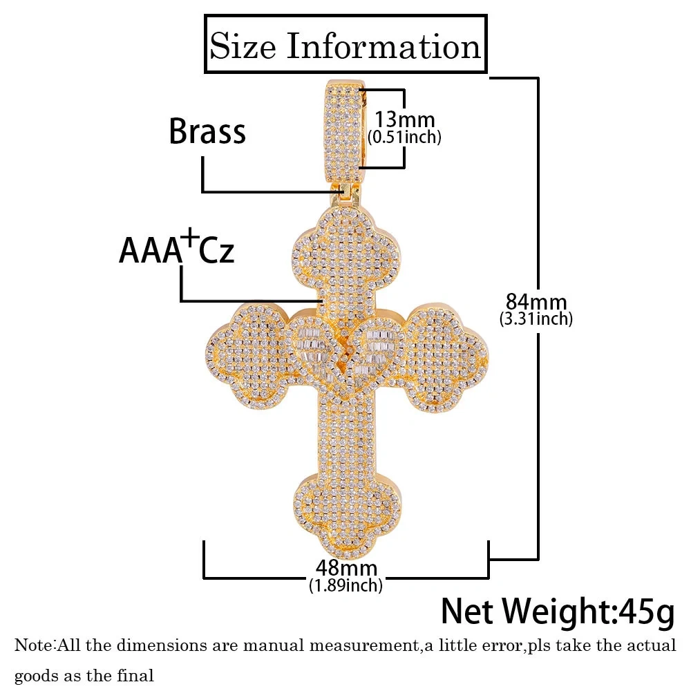 Hip Hop New Fashion Big Full Iced Out Bling Cross Pendant 5A Cubic Zirconia CZ Heart Broken Cross Men Pendant Necklace Jewelry