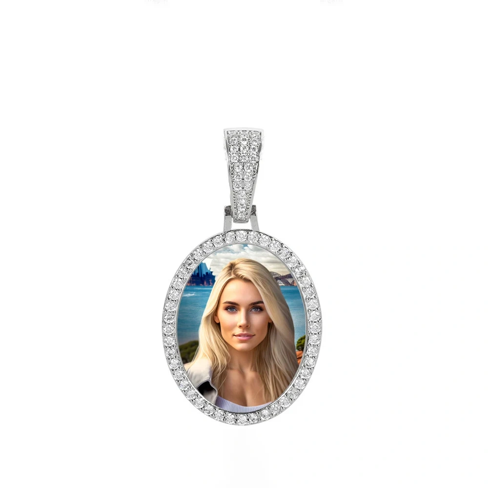 Hip Hop Iced Out DIY Photo Frame CZ Pendant Custom Ellipse Picture Pendant Necklace Personalized Women Men Rapper Jewelry
