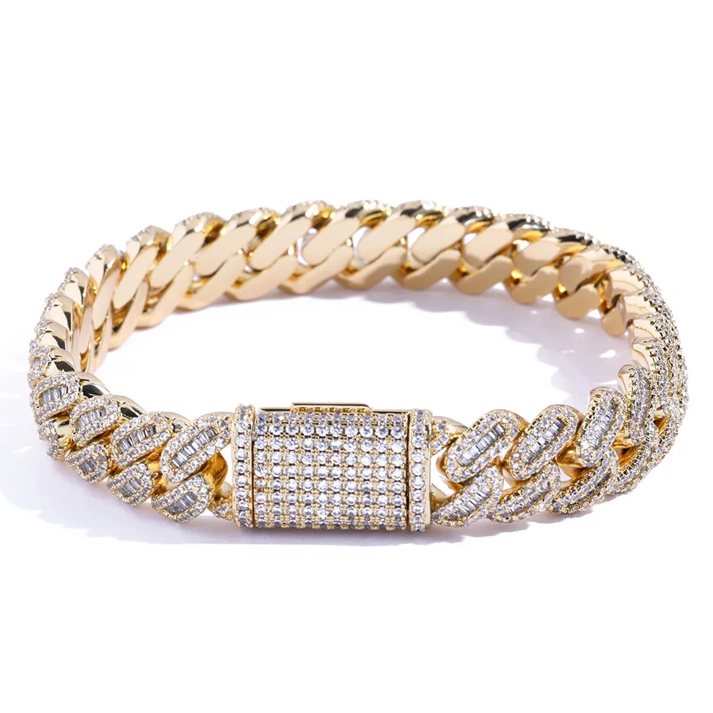 Hip Hop 12/15mm Bling Iced Out Diamond Cuban Chain Brass 5A Cz Baguette Cuban Link Necklace Men Women Jewelry Birthday Gift