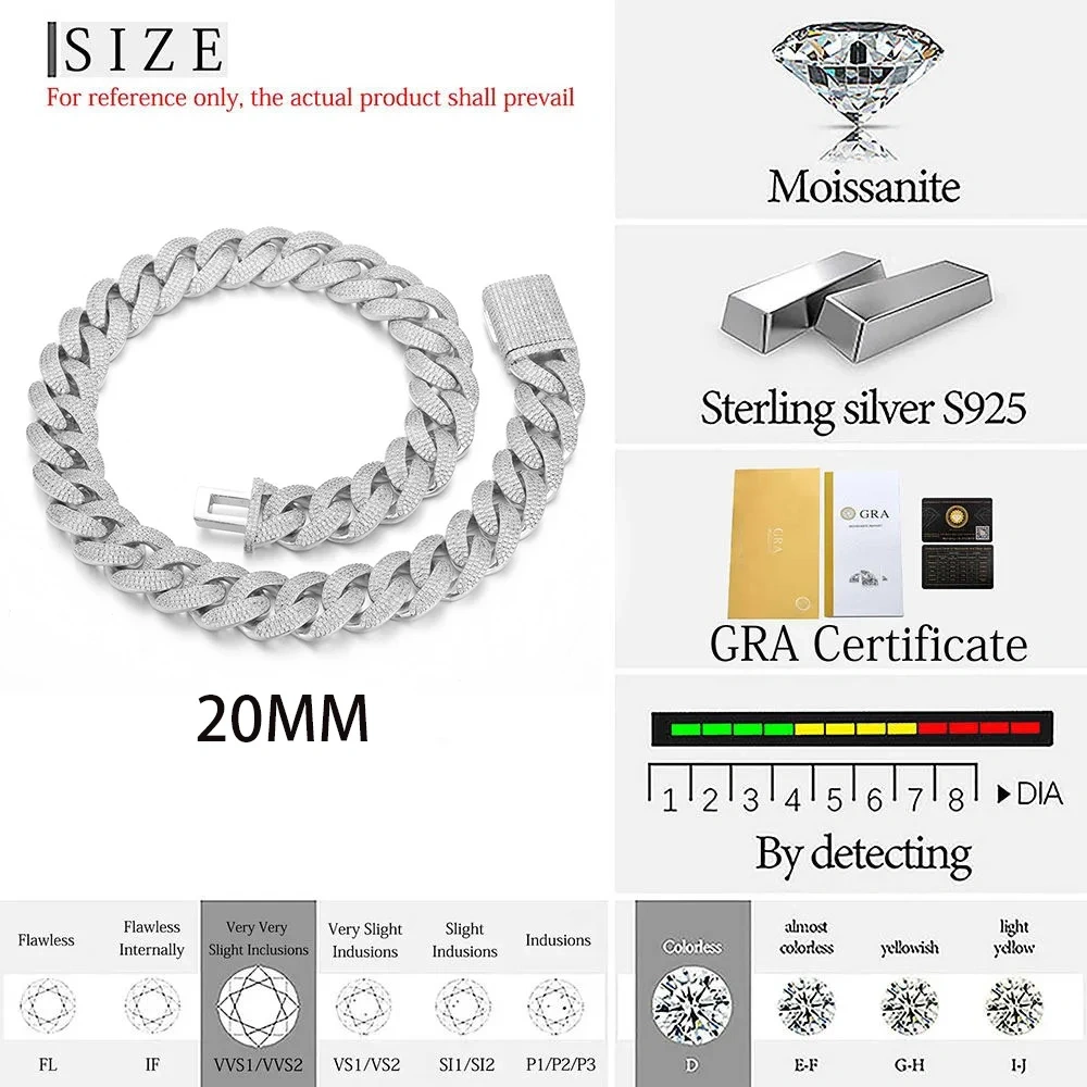 Hip Hop New Cuban 20mm 925Sterling Silver 4 Rows Link Chain VVS Moissanite Diamond Iced Out Cuban Necklace For Men Jewelry Gift