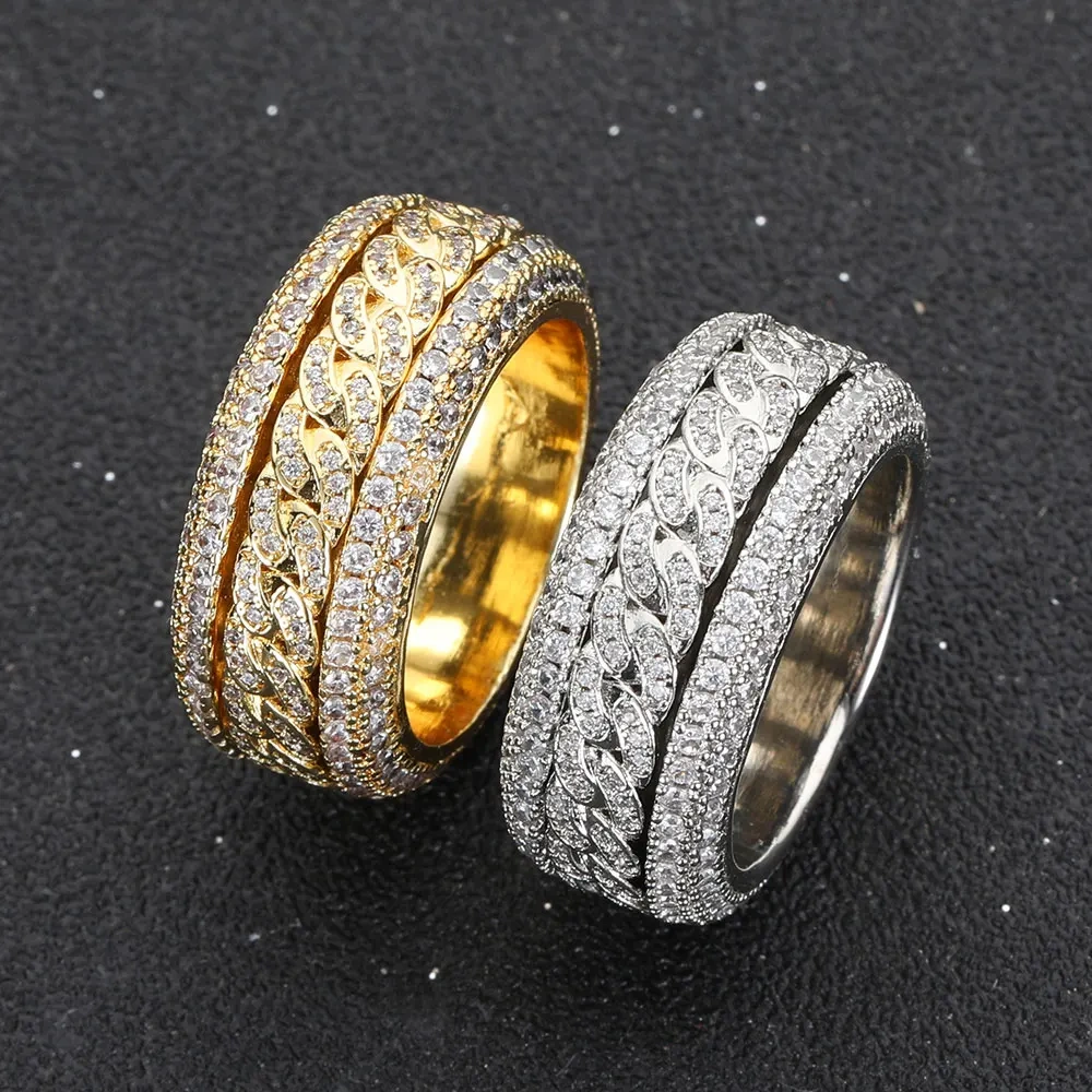 Hip Hop Iced Cuban Link Spinner Ring Micro Paved Brass Zircon Rotatable Cuban Link Ring for Women Fashion Jewelry
