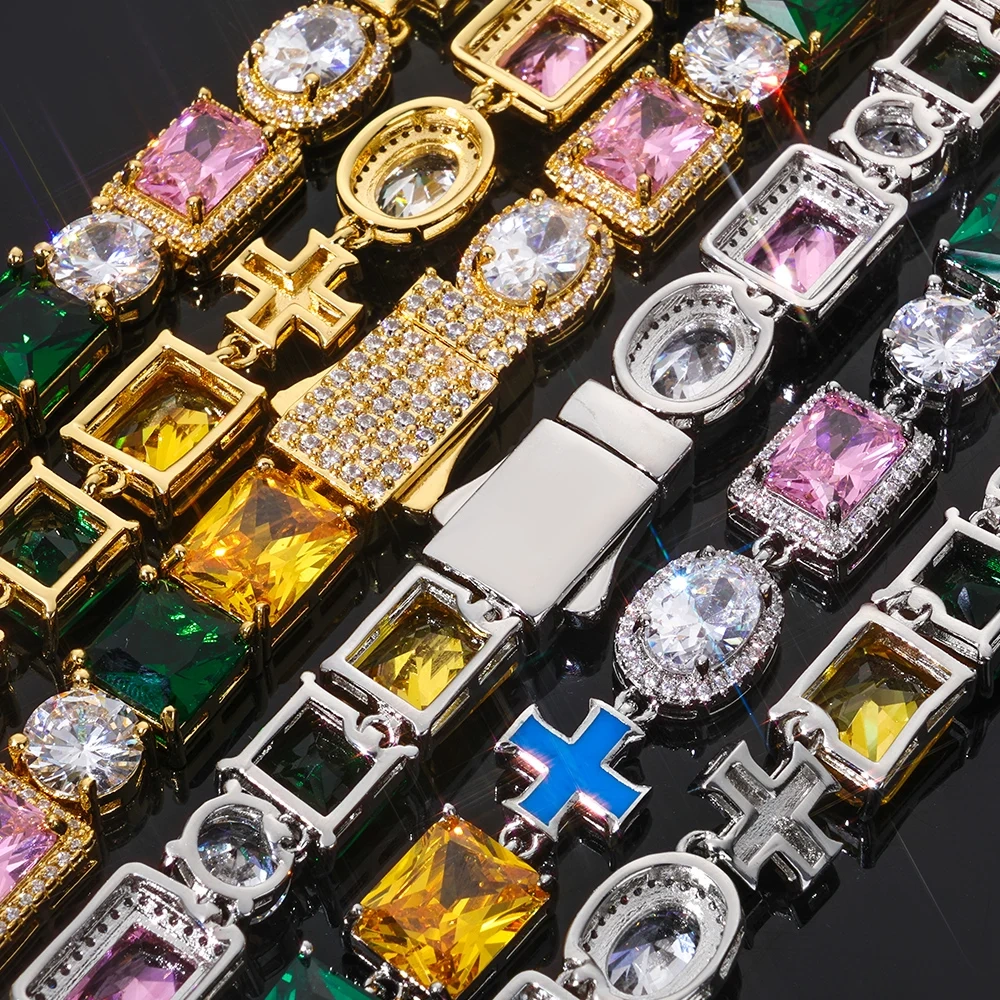 ESKEEM Hip Hop Jewelry Iced Out Multi Gemstone Bracelet Mixed Shape Rainbow Gems Cross Link Chain Fashion for Women Men