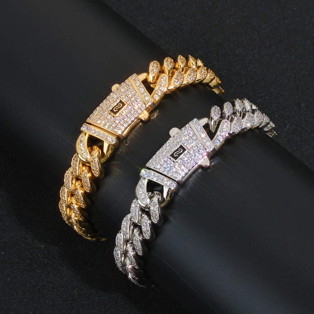 ESKEEM 12mm Full Iced Diamond Monaco Bracelet 18K Gold Plated Miami Two Rows Cubic Zirconia Cuban Link Chain Hip Hop Jewelry Men
