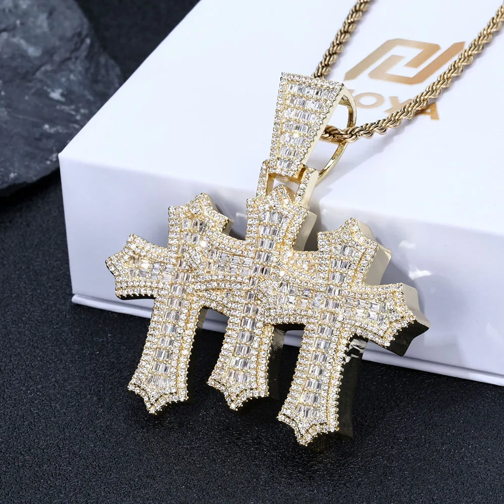 ESKEEM High Quality 3-in-1 Micro Pave Bling Baguette Cubic Zirconia Cross Pendant Silver Gold Plated Brass Diamond Charm Pendant