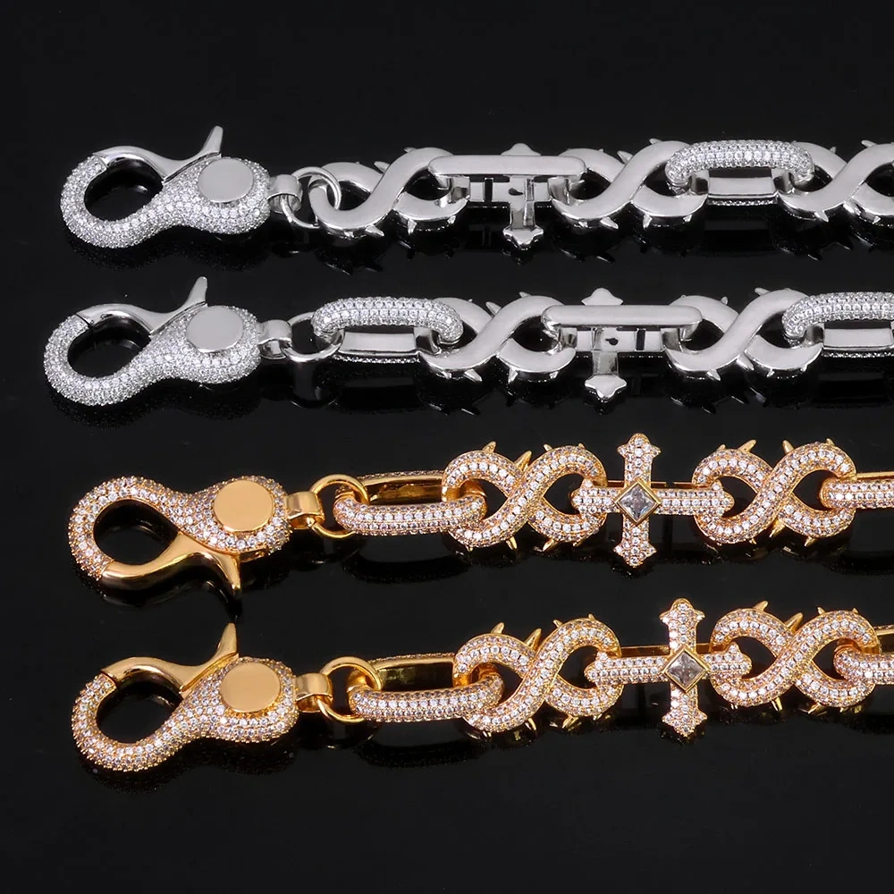 ESKEEM Luxury Silver Plated Hip Hop Pants Chain Shiny Diamond Cross Micro Pave Zircon Spike Infinity Design Chain Jewelry