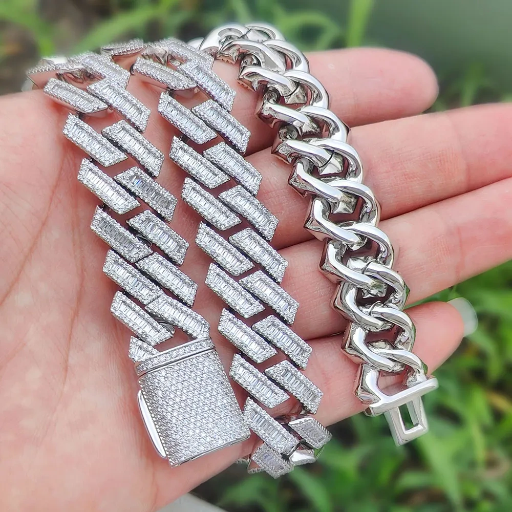 18K Gold Plated Miami Cuban Chain 18mm Iced Out Choker Cuban Link Chain Rectangle Stone Prong Fashion Hip Hop Jewelry For Men