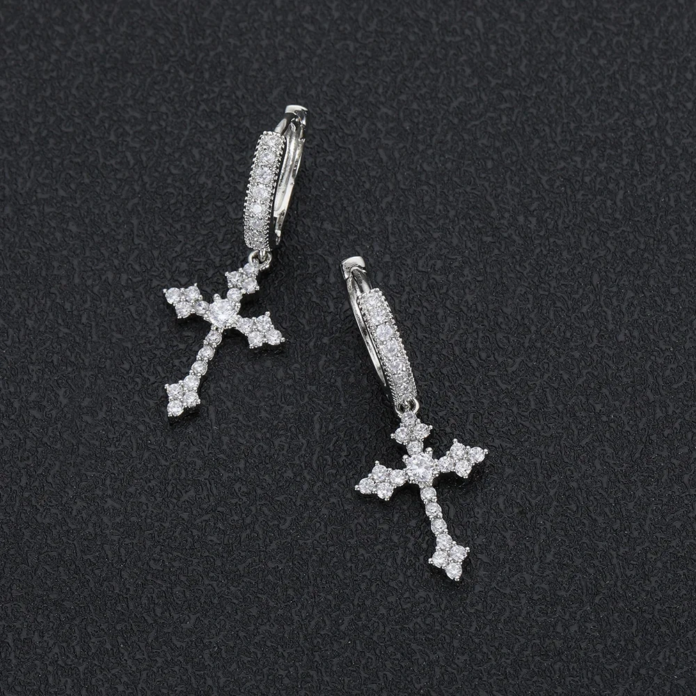 Drop Shipping Hip Hop Thick Hoop Earrings Bling Ice Out Cross CZ Zircon Plated Stud Lightning Earrings For Women Jewelry