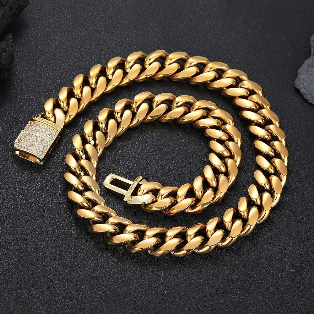 18Mm 5A CZ Iced Out Lock Miami Stainless Steel Thick Heavy PVD Plated Cuban Link Chain Punk For Men Hip Hop Jewelry